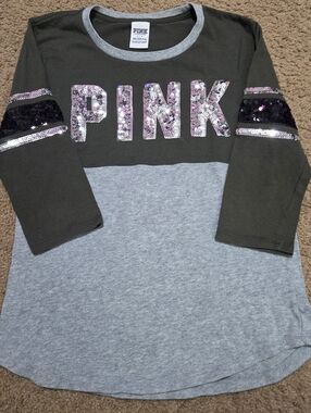 PINK Victoria's Secret Bling Sequin Spellout Oversized Quarter Sleeved Tee